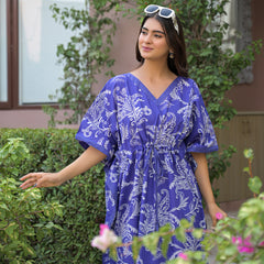Blue Printed Cotton Kaftan Lounge Wear for Woman