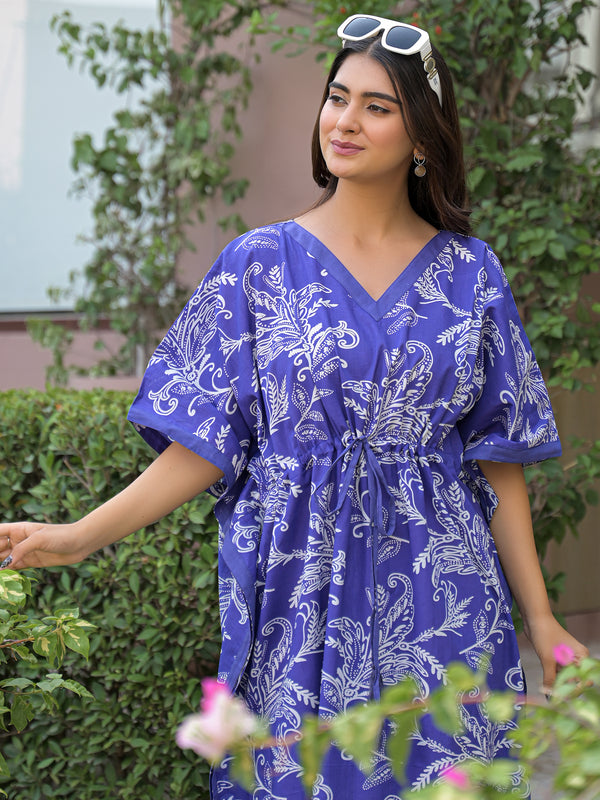 Blue Printed Cotton Kaftan Lounge Wear for Woman