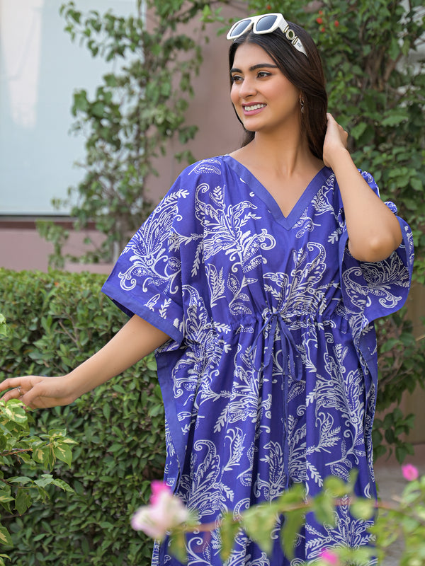 Blue Printed Cotton Kaftan Lounge Wear for Woman