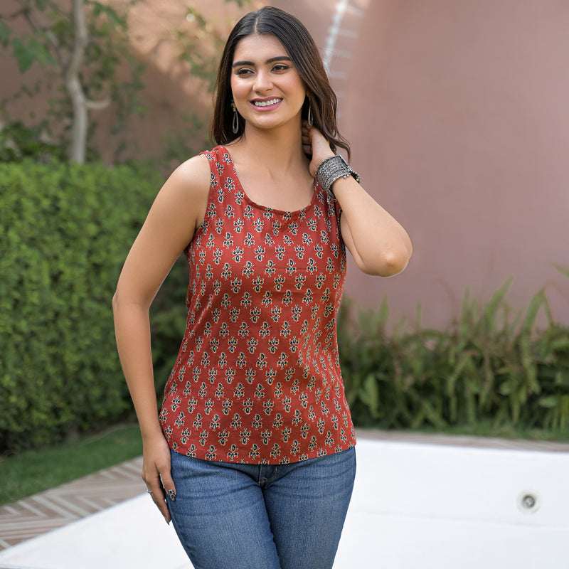 Floral Print Cotton Rust Brown Top