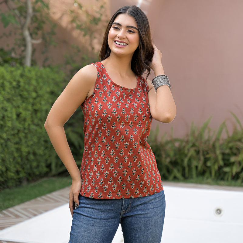Floral Print Cotton Rust Brown Top