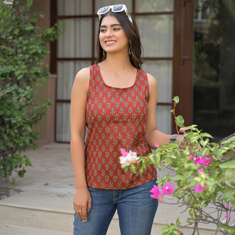 Floral Print Cotton Rust Brown Top