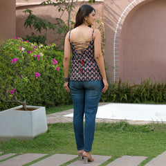 Floral Print Cotton Black Top