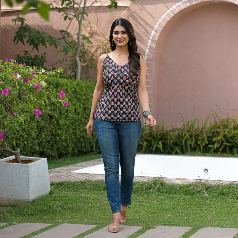Floral Print Cotton Black Top