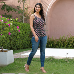 Floral Print Cotton Black Top