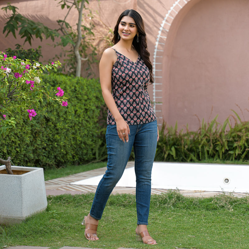 Floral Print Cotton Black Top