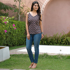 Floral Print Cotton Black Top