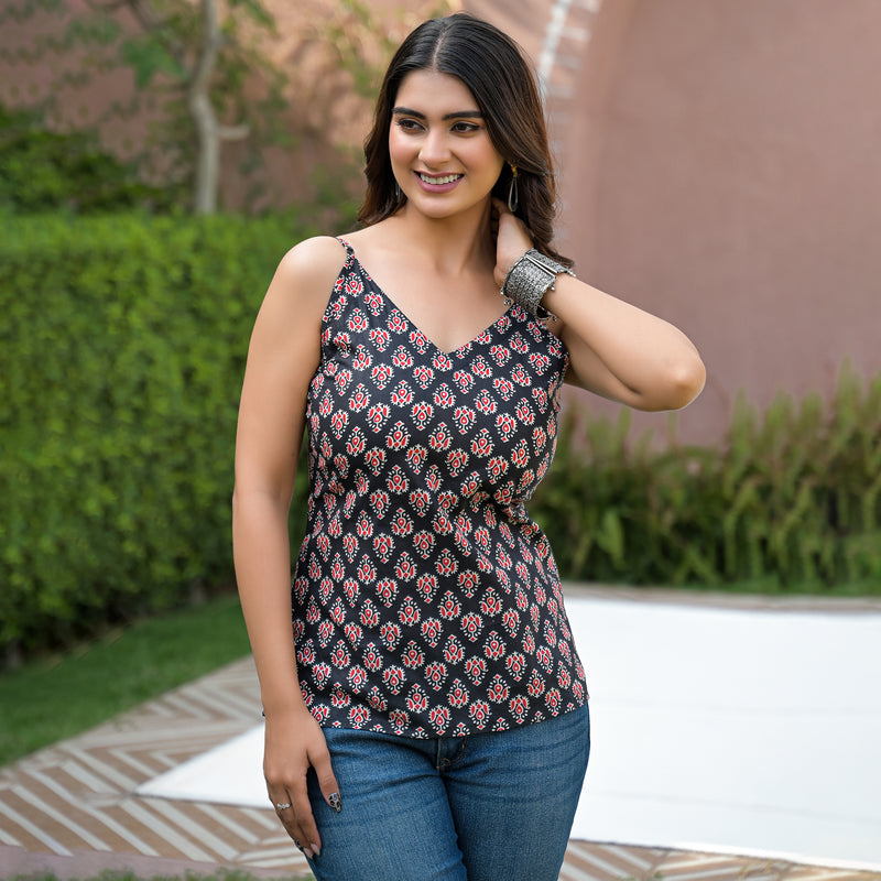 Floral Print Cotton Black Top