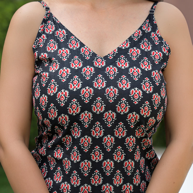 Floral Print Cotton Black Top