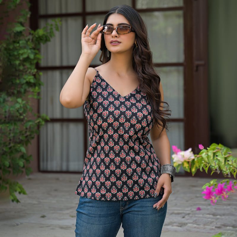 Floral Print Cotton Black Top