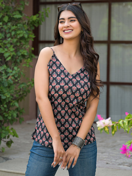 Floral Print Cotton Black Top