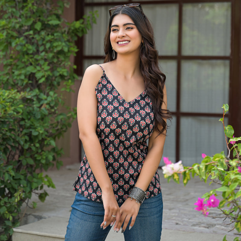 Floral Print Cotton Black Top