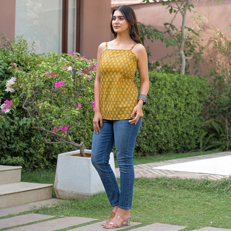 Floral Print Cotton Mustard Top