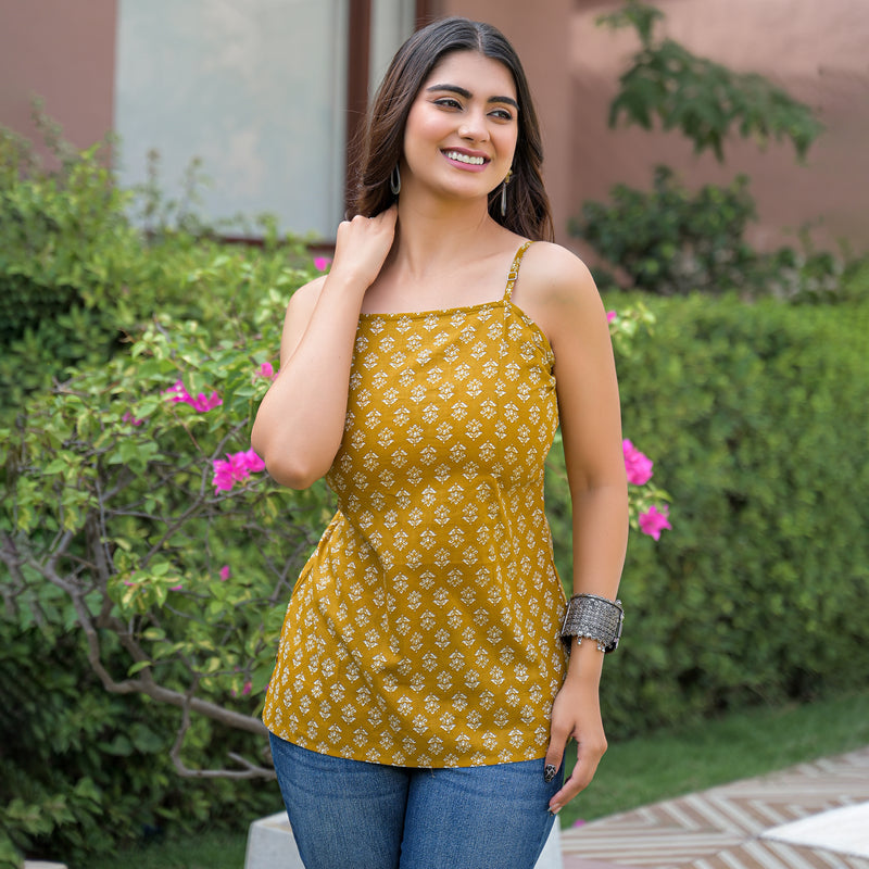 Floral Print Cotton Mustard Top