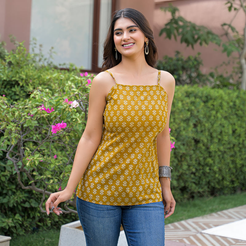 Floral Print Cotton Mustard Top