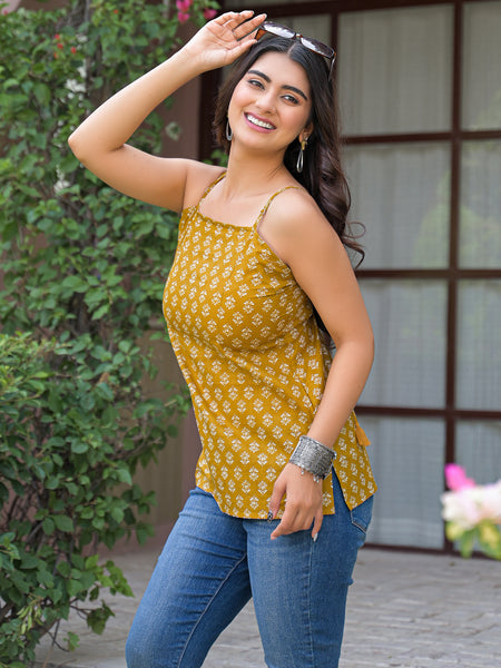 Floral Print Cotton Mustard Top