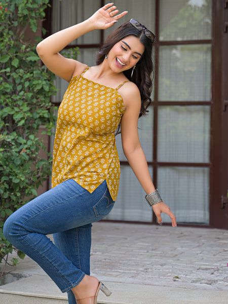 Floral Print Cotton Mustard Top