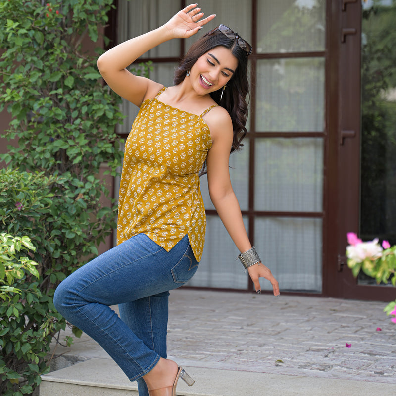Floral Print Cotton Mustard Top