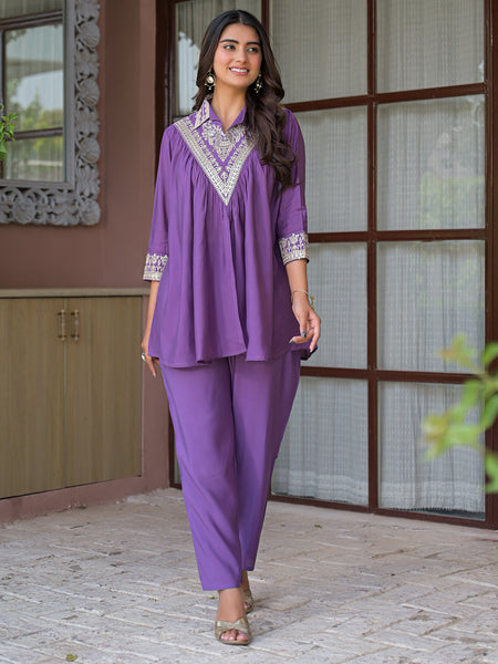 Purple Embroidered Co-Ord Set