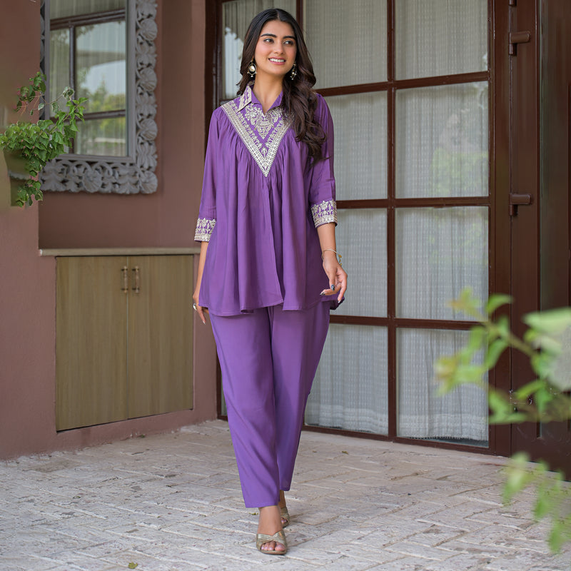 Purple Embroidered Co-Ord Set