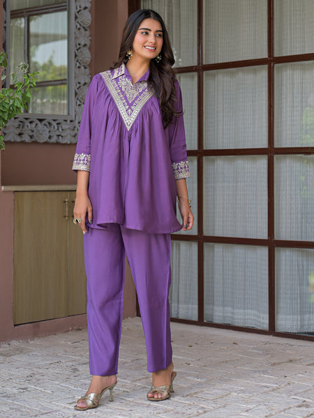 Purple Embroidered Co-Ord Set