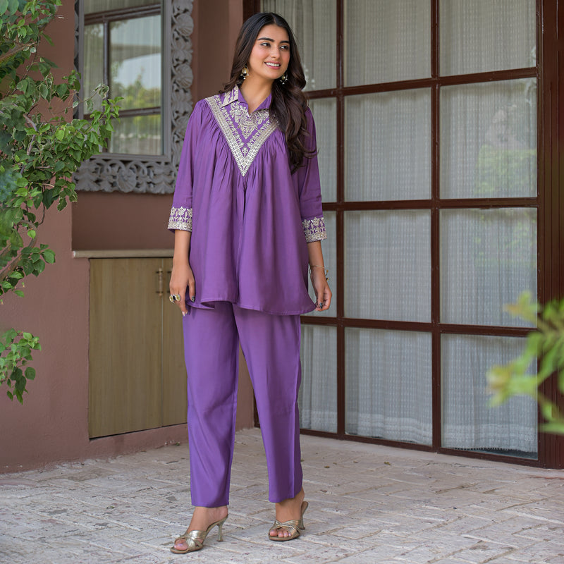 Purple Embroidered Co-Ord Set
