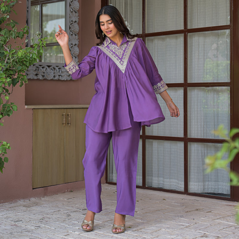Purple Embroidered Co-Ord Set