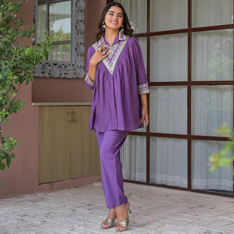 Purple Embroidered Co-Ord Set
