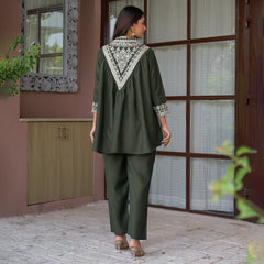 Olive Green Embroidered Rayon Short Kurti and Pant Co-Ord Set