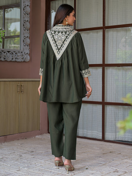 Olive Green Embroidered Rayon Short Kurti and Pant Co-Ord Set