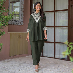 Olive Green Embroidered Rayon Short Kurti and Pant Co-Ord Set