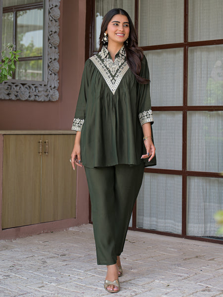 Olive Green Embroidered Rayon Short Kurti and Pant Co-Ord Set