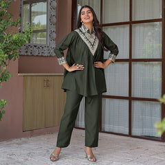 Olive Green Embroidered Rayon Short Kurti and Pant Co-Ord Set