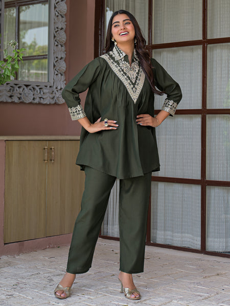 Olive Green Embroidered Rayon Short Kurti and Pant Co-Ord Set