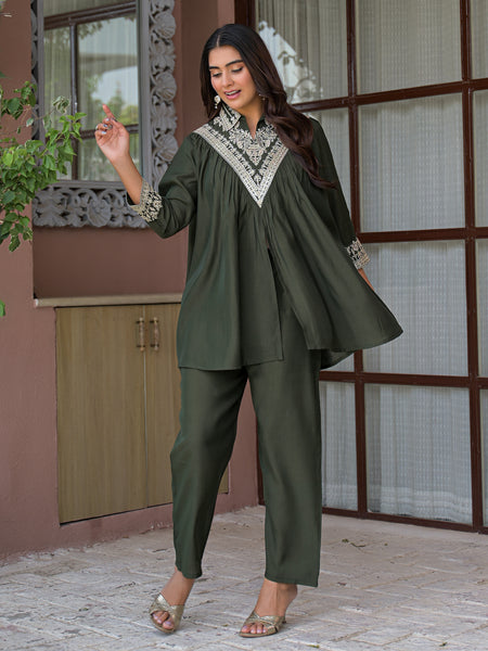 Olive Green Embroidered Rayon Short Kurti and Pant Co-Ord Set