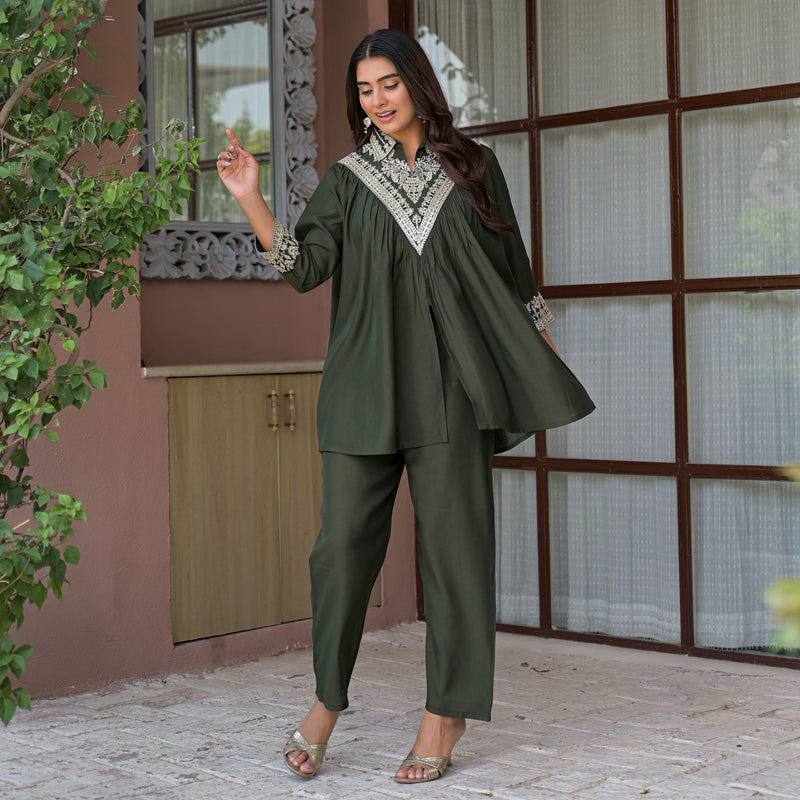 Olive Green Embroidered Rayon Short Kurti and Pant Co-Ord Set