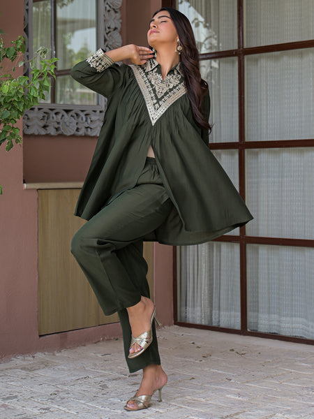 Olive Green Embroidered Rayon Short Kurti and Pant Co-Ord Set