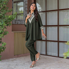 Olive Green Embroidered Rayon Short Kurti and Pant Co-Ord Set