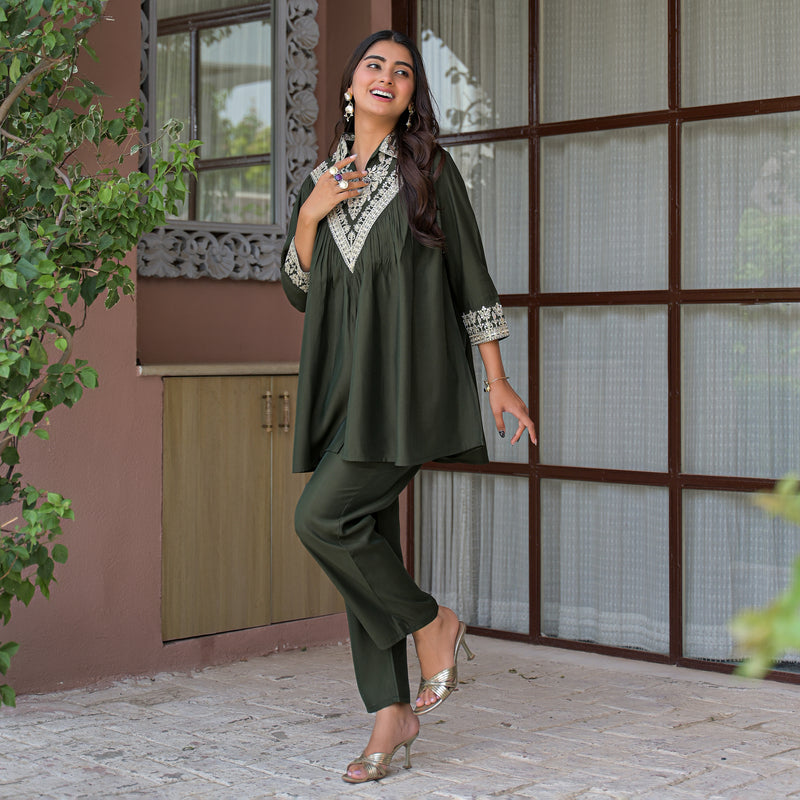Olive Green Embroidered Rayon Short Kurti and Pant Co-Ord Set