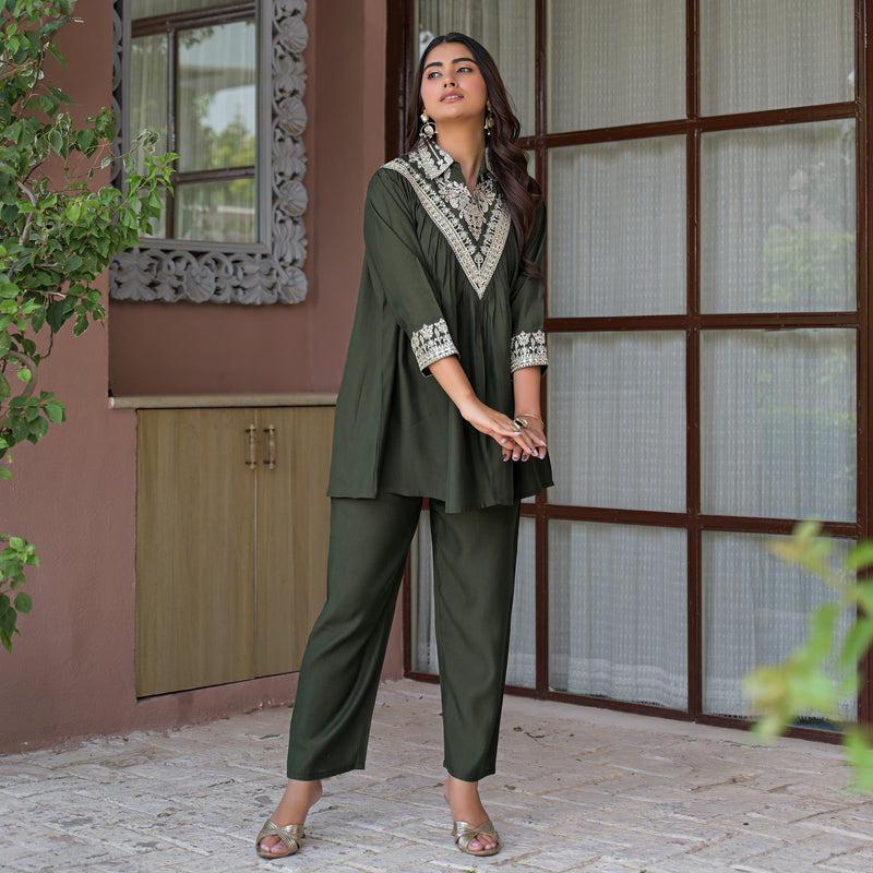 Olive Green Embroidered Rayon Short Kurti and Pant Co-Ord Set
