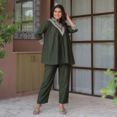 Olive Green Embroidered Rayon Short Kurti and Pant Co-Ord Set