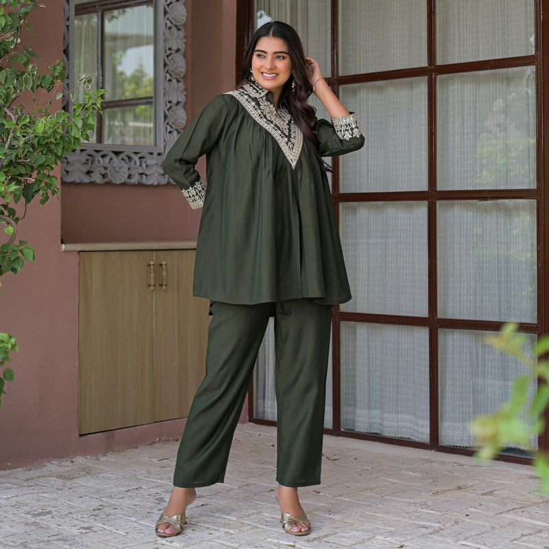 Olive Green Embroidered Rayon Short Kurti and Pant Co-Ord Set