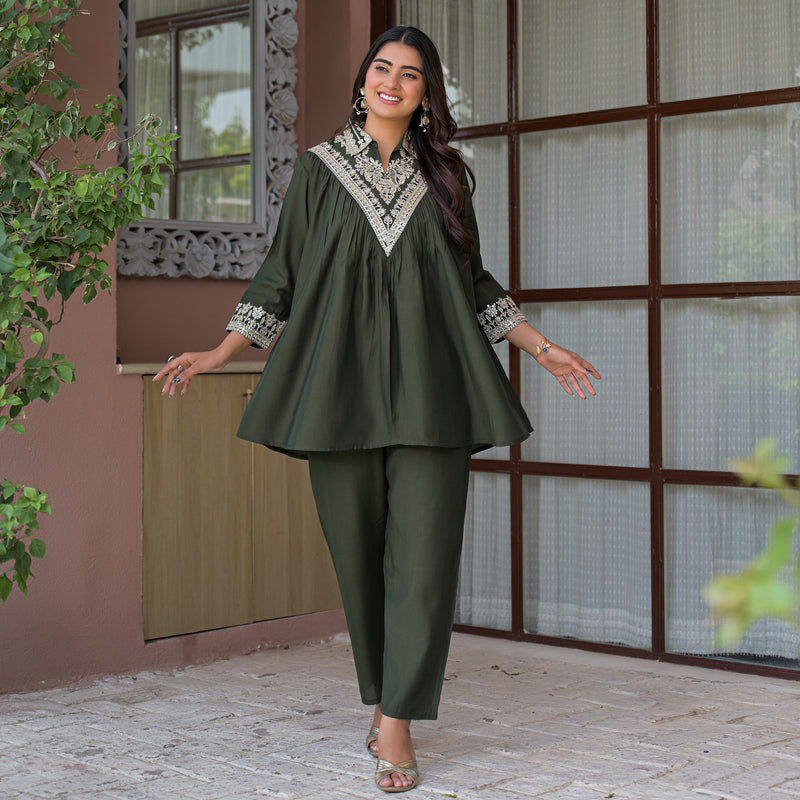 Olive Green Embroidered Rayon Short Kurti and Pant Co-Ord Set