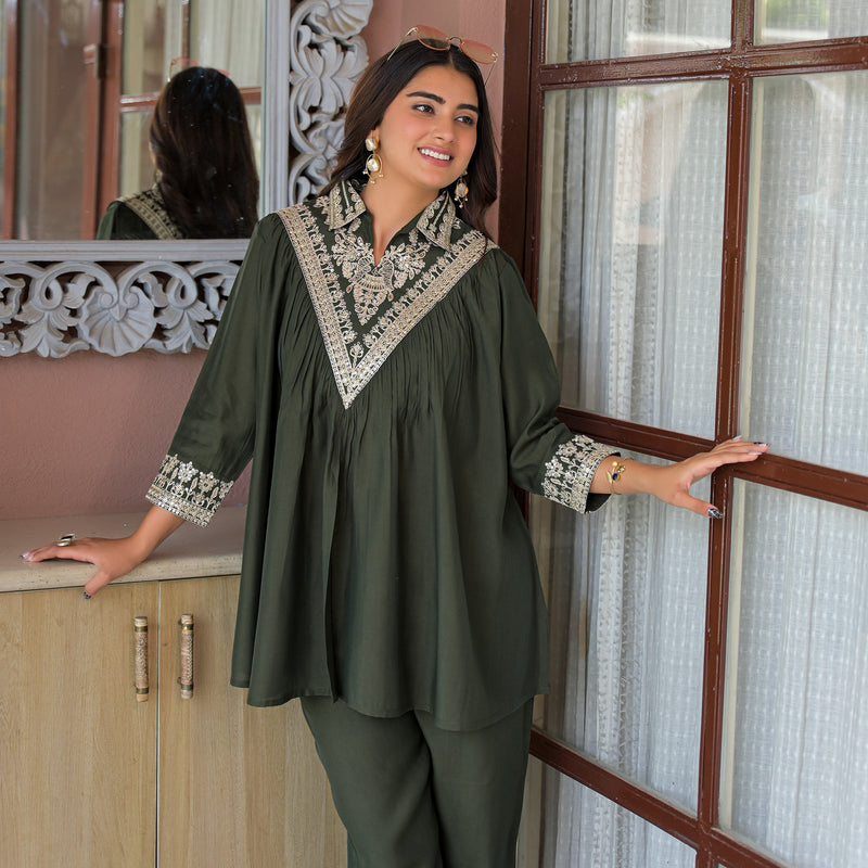Olive Green Embroidered Rayon Short Kurti and Pant Co-Ord Set