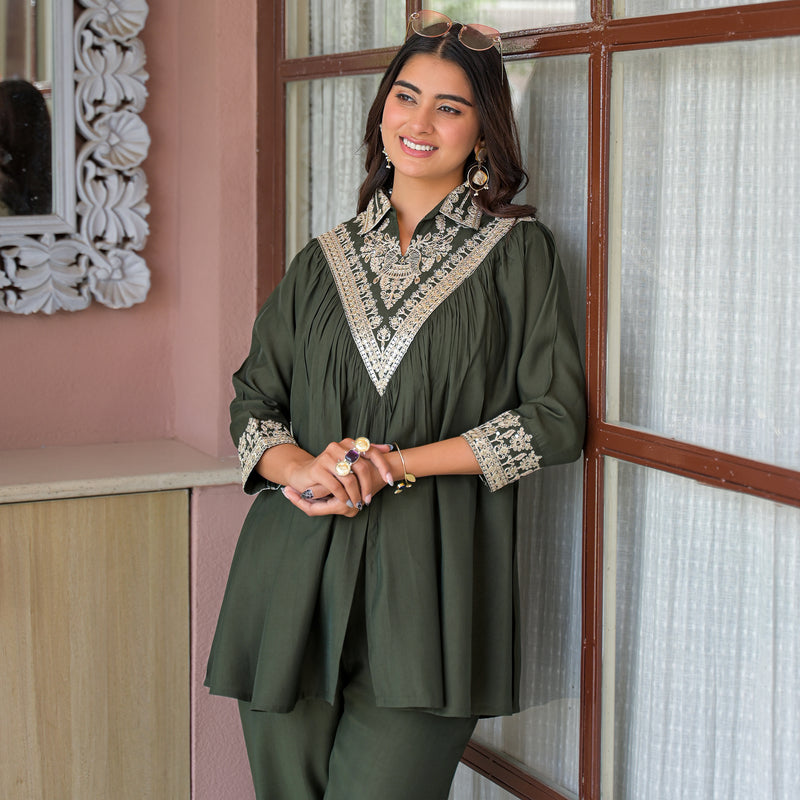 Olive Green Embroidered Rayon Short Kurti and Pant Co-Ord Set