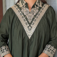 Olive Green Embroidered Rayon Short Kurti and Pant Co-Ord Set