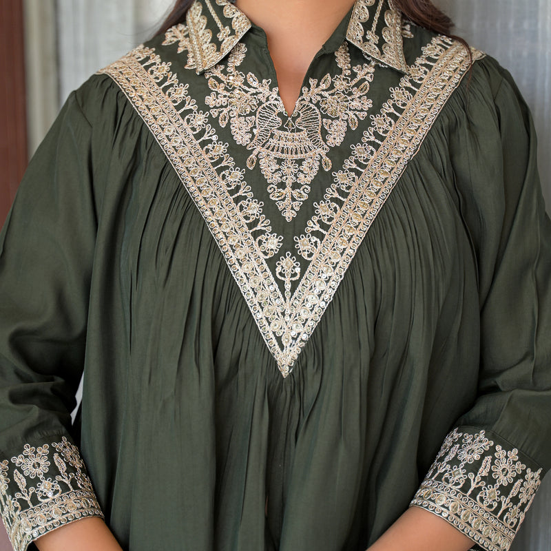 Olive Green Embroidered Rayon Short Kurti and Pant Co-Ord Set