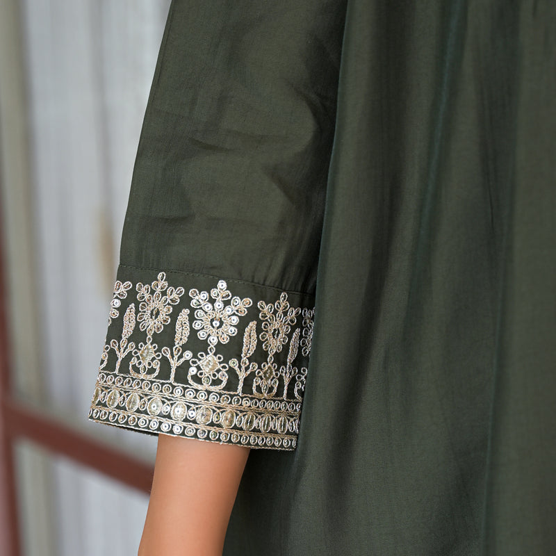 Olive Green Embroidered Rayon Short Kurti and Pant Co-Ord Set