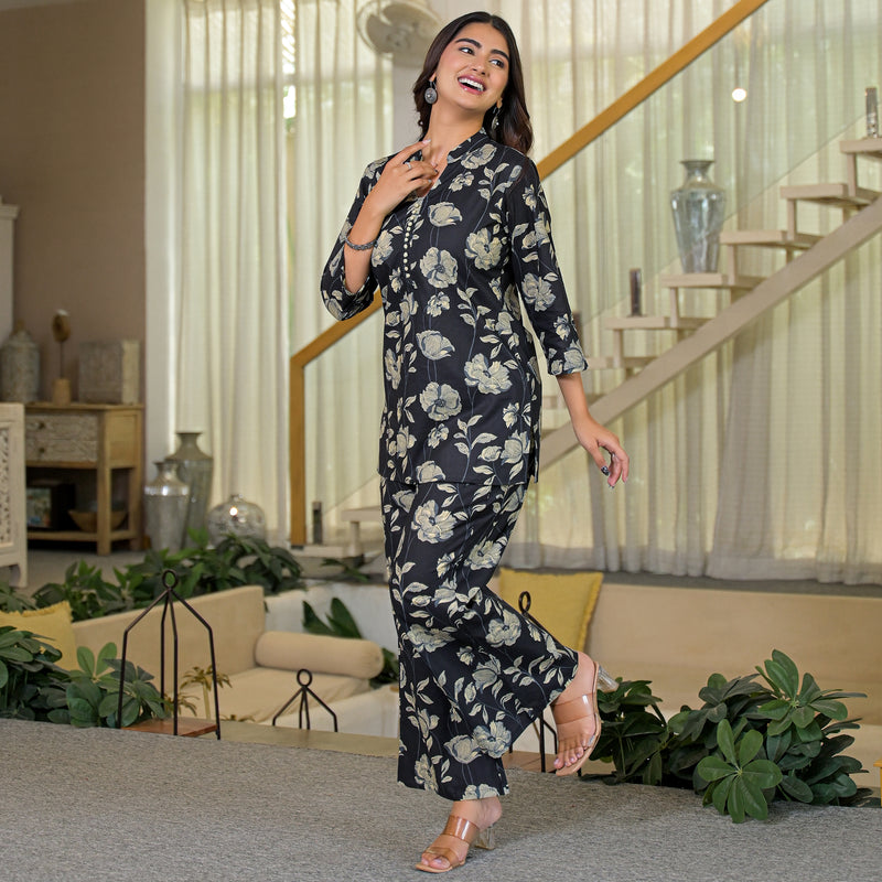 Black Floral Printed Cotton Co-ord Set