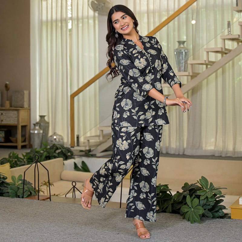Black Floral Printed Cotton Co-ord Set